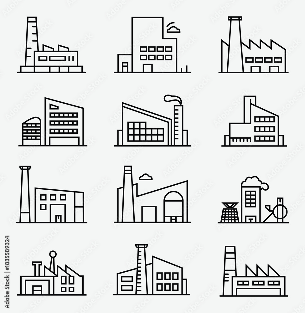 Obraz premium Industrial factory buildings outline icons set against a plain background