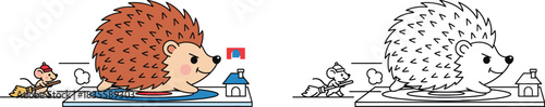 Cute Cartoon Hedgehog Curling with Mouse Sweeper Winter Sport Fun