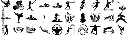 Collection of various sports and activities represented in black silhouette