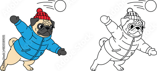 Cute Cartoon Pug Dog Playing Snowball Fight Winter Animal Fun