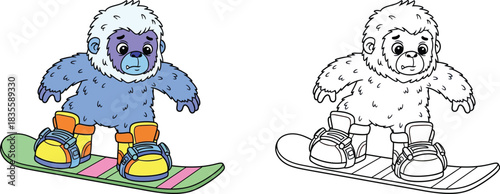Cute Cartoon Yeti Snowboarding Winter Sport Mythical Creature