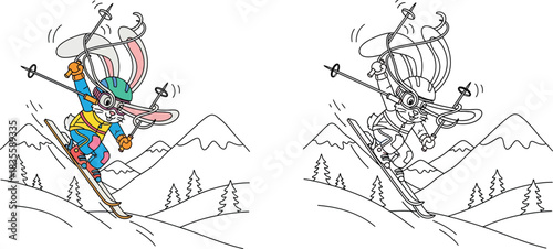 Dynamic Cartoon Bunny Skiing Down Mountain Winter Sport Adventure