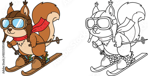 Cute Cartoon Squirrel Skiing with Goggles and Scarf Winter Sport Animal