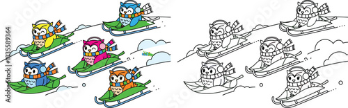 Group of Colorful Cartoon Owls Sledding on Leaves Winter Forest Fun