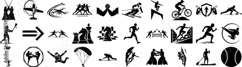 Collection of various sports and activities in black and white silhouette