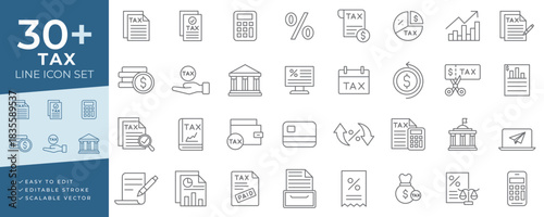 Tax line art icon set vector style for finance, accounting, budget, government documents, audits, payments, revenue reports, business data, currency, legal forms, and investment calculations.