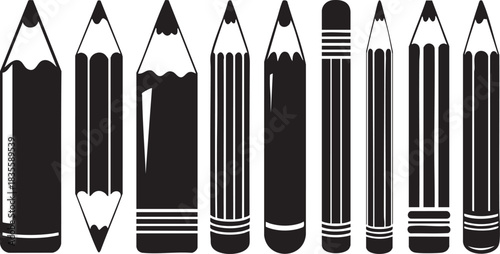 Collection of diverse pencils in black and white graphic style vector