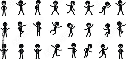 Stick figure character poses, expressive gestures, minimal vector icons, black silhouette people, emotional body language, flat illustration for animation, design