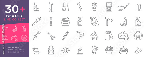 Beauty line icon set vector features editable stroke and outlines representing cosmetics, makeup, hair care, spa, and salon concepts, great for use in web, mobile apps, and digital design projects.
