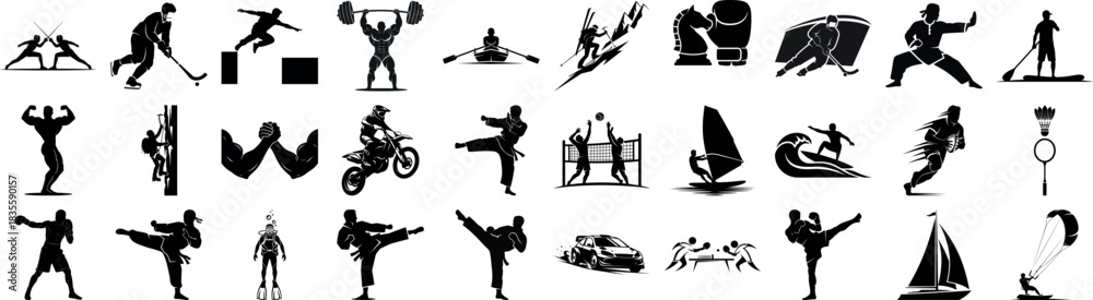 Obraz premium Collection of various sports silhouettes in black and white