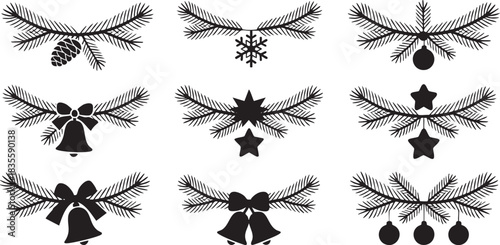 Decorative Christmas Vector Set with Pine Branches and Festive Elements