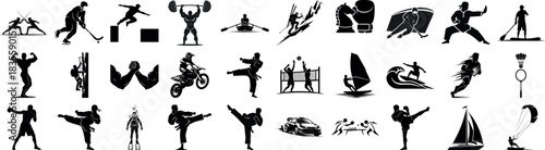 Collection of various sports silhouettes in black and white