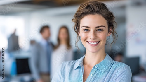 Confident in the workplace: A poised and professional individual radiates confidence and approachability, capturing the essence of success within a modern office environment. 