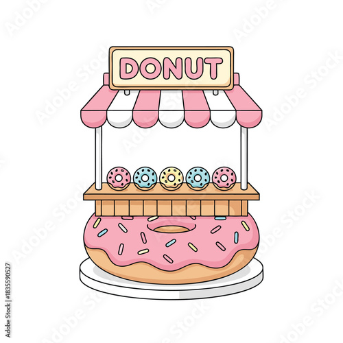 Cute Donut Stand with Colorful Donuts Illustration.