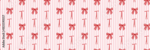 Seamless pattern featuring red ribbon bows on soft pink vertical stripes. Cute feminine design perfect for packaging, textiles, stationery, and Valentine’s themes