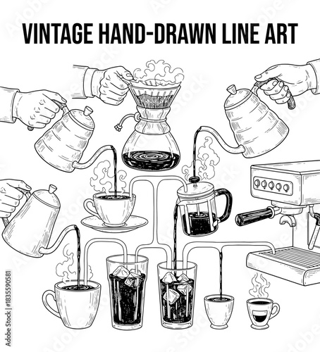 Vintage hand drawn line art of coffee brewing and preparation methods