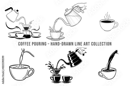Hand drawn coffee pouring line art collection for cafe or restaurant