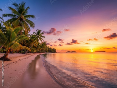 Tropical beach sunset with palm trees isolated on white background