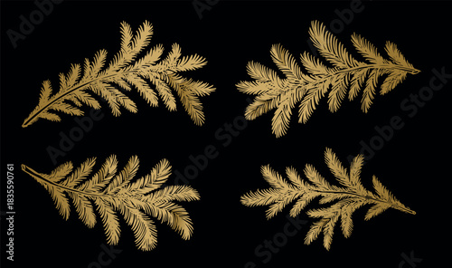 Christmas gold tree branch set, hand drawn	
