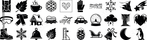 Collection of winter themed icons and symbols in black and white silhouette