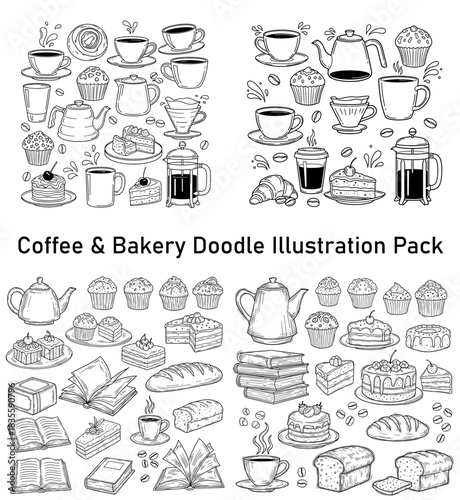 Hand drawn coffee and bakery doodle illustration pack with teapots and pastries