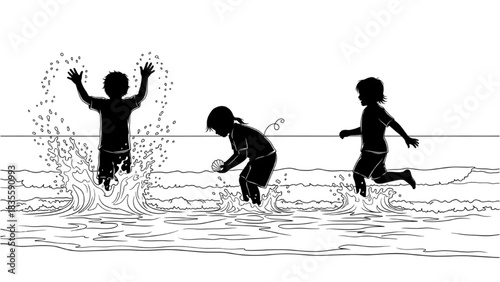 High-quality black silhouette line art of children playing in shallow waves at the shoreline, joyful kids enjoying the beach, summer seaside fun
