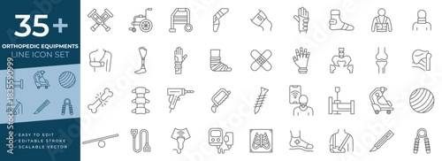 Orthopedic equipment Icon set line icon set with editable strokes and scalable vector symbols representing physical therapy, rehabilitation, patient recovery or professional digital projects.