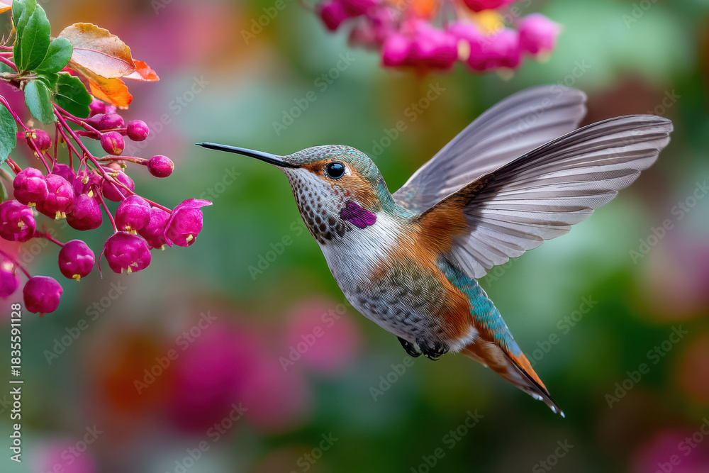 Naklejka premium Hummingbird hovers near pink flowers with blurred background