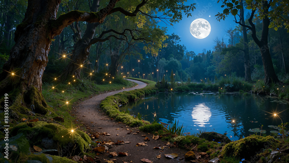 Obraz premium A winding path runs beside a river under a bright full moon. Trees line the water, and small lights shine like stars in the night sky. Leaves cover the path and reflect in the river