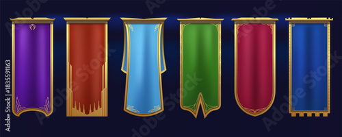 A set of flags in medieval or fantasy styles. Fabric flag template with a gold border. The flag features a satin sheen, a gold pattern, heraldic elements, striking geometric cut. Vector illustration.