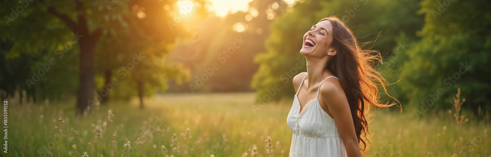 Naklejka premium Young woman laughs outdoors in a white sundress amidst a grassy field. Golden sunlight shines through trees creating a warm, happy atmosphere. She enjoys fresh air and nature during summer.