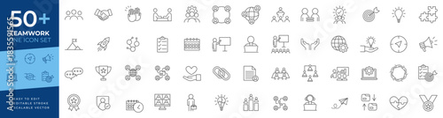 Teamwork Icon set, editable stroke, and scalable vector line design featuring collaboration, meeting, leadership, management, and strategy symbols for professional digital projects.