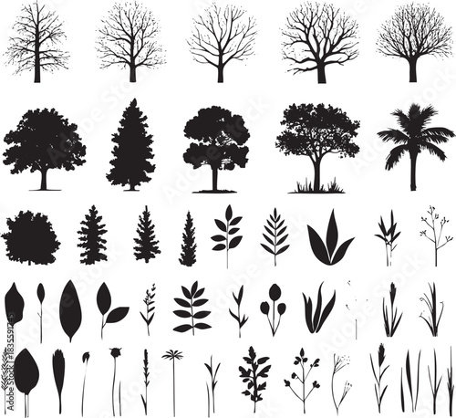 Set of different trees and leaves silhouettes isolated on white background