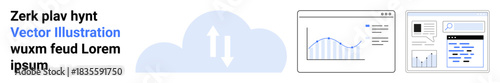 Cloud computing, data storage, web applications, analytics, user interface design, digital technology. Cloud with arrows, graph screens and interface. Cloud computing and data storage concept