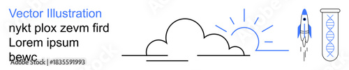 Education, science, technology, innovation, discovery, future vision. Minimalist ion of a sunrise, DNA cloud and rocket. Innovation and science through futuristic icons