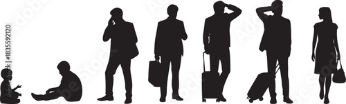 Silhouette of various people in different stages of life and activities