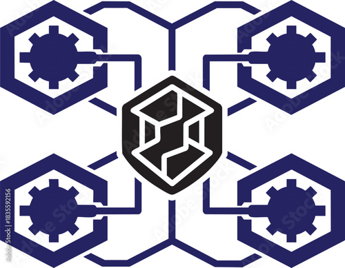 Blockchain tech flat icon abstract geometric network design featuring four blue hexagonal nodes with internal gear shapes connected to a central black and white shield symbol.