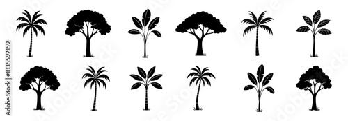 Tree silhouette vector collection with forest and nature foliage icons simple black isolated tree shapes for architecture and landscape design on transparent background