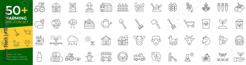 Farming template vector features editable stroke and outlines, representing agriculture, harvest, livestock, produce, gardening, and crop concepts suitable for use in professional graphic design.