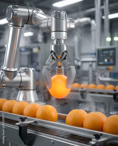 Industrial robot sorting fresh oranges on conveyor belt