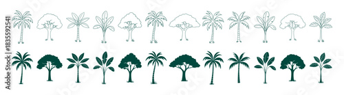 Tropical and forest tree icon collection with palm and foliage silhouettes in flat vector style on transparent background