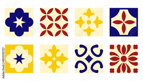 Mediterranean ornamental set of pattern with geometric rosettes and coastal colors. Perfect for home decor, tableware, and artisan product packaging.