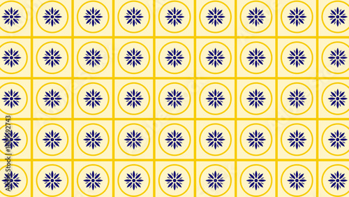 Sicilian mosaic repeat — yellow and blue geometric tiles with folk-style symmetry, great for kitchen decor, stationery, and artisan branding.