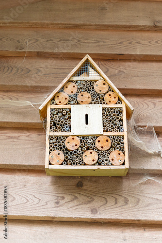 One Insect Hotel on Wooden Wall. Bee Habitat. Biodiversity. Eco Garden.