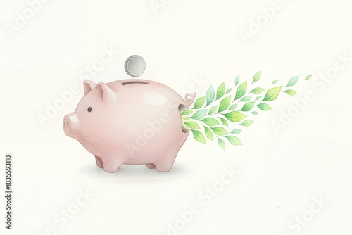 Piggy bank with green leaves growing from slot and coin dropping energy saving calculator