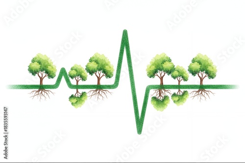Heartbeat line with green trees symbolizing nature and health earth heartbeat monitor