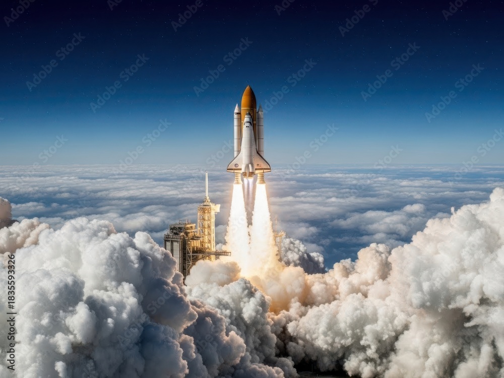 Fototapeta premium Space shuttle launch blasting off from launchpad through thick white clouds into a clear blue sky with stars