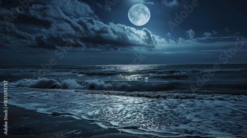 Serene Night Beach Shoreline with Gentle Waves, Star-Dense Sky, and Milky Way Reflections; Calm Dark Blue Ocean Surface Glowing Under Moonlight, Gradient Sky Reflections; Massive Curling Ocean Waves