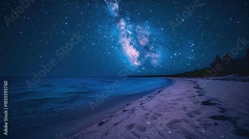 Serene Night Beach Shoreline with Gentle Waves, Star-Dense Sky, and Milky Way Reflections; Calm Dark Blue Ocean Surface Glowing Under Moonlight, Gradient Sky Reflections; Massive Curling Ocean Waves
