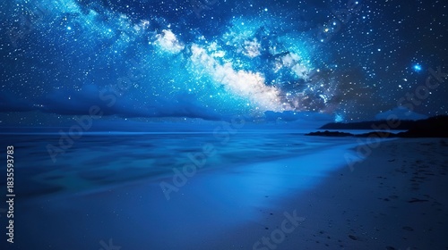 Serene Night Beach Shoreline with Gentle Waves, Star-Dense Sky, and Milky Way Reflections; Calm Dark Blue Ocean Surface Glowing Under Moonlight, Gradient Sky Reflections; Massive Curling Ocean Waves